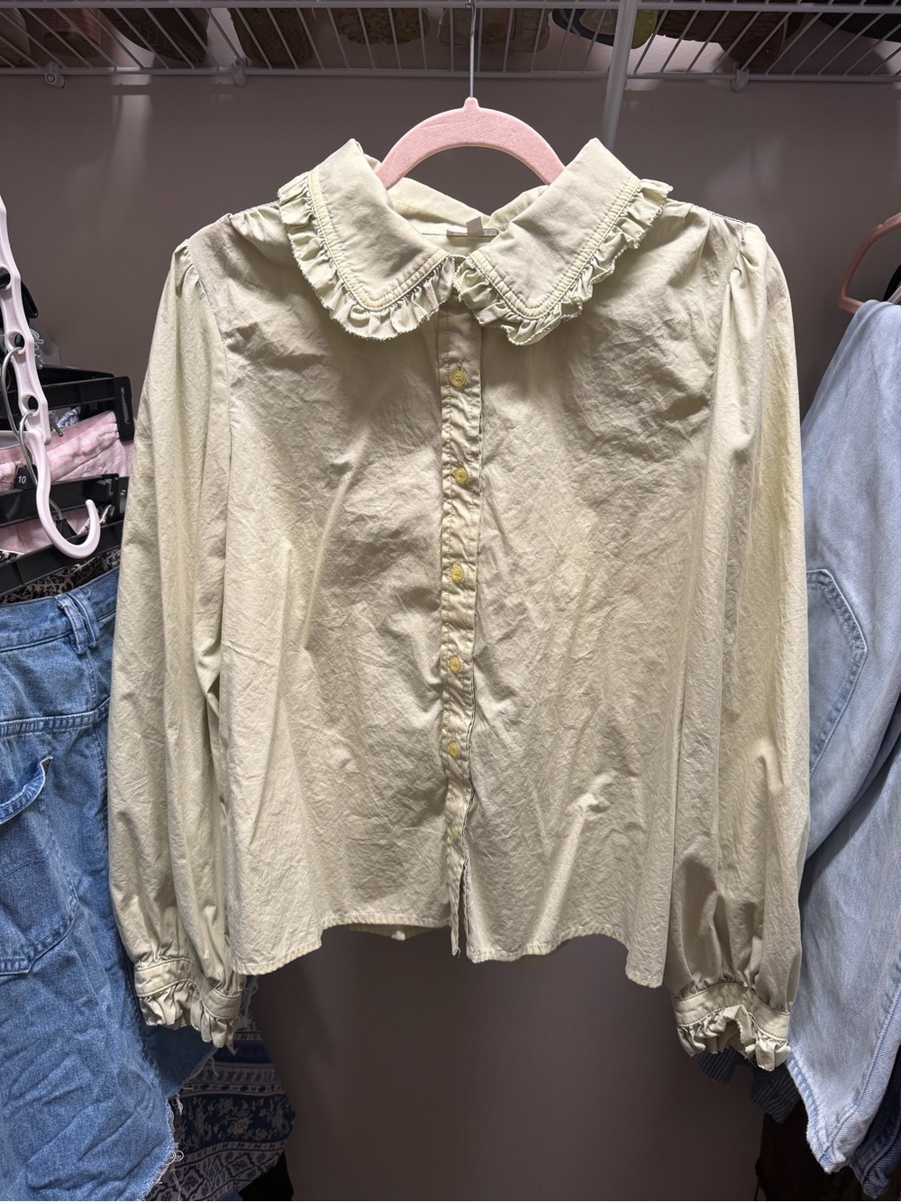 JODIFL light green Ruffled Collar Button-Down Blouse
